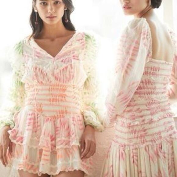 Hemant and Nandita tropical palm print ruffle mini dress puff sleeve size xs - Picture 1 of 8